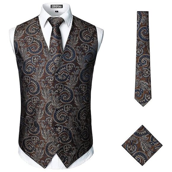 MENS Classic 3pc Jacquard Paisley Vest Set Brown
